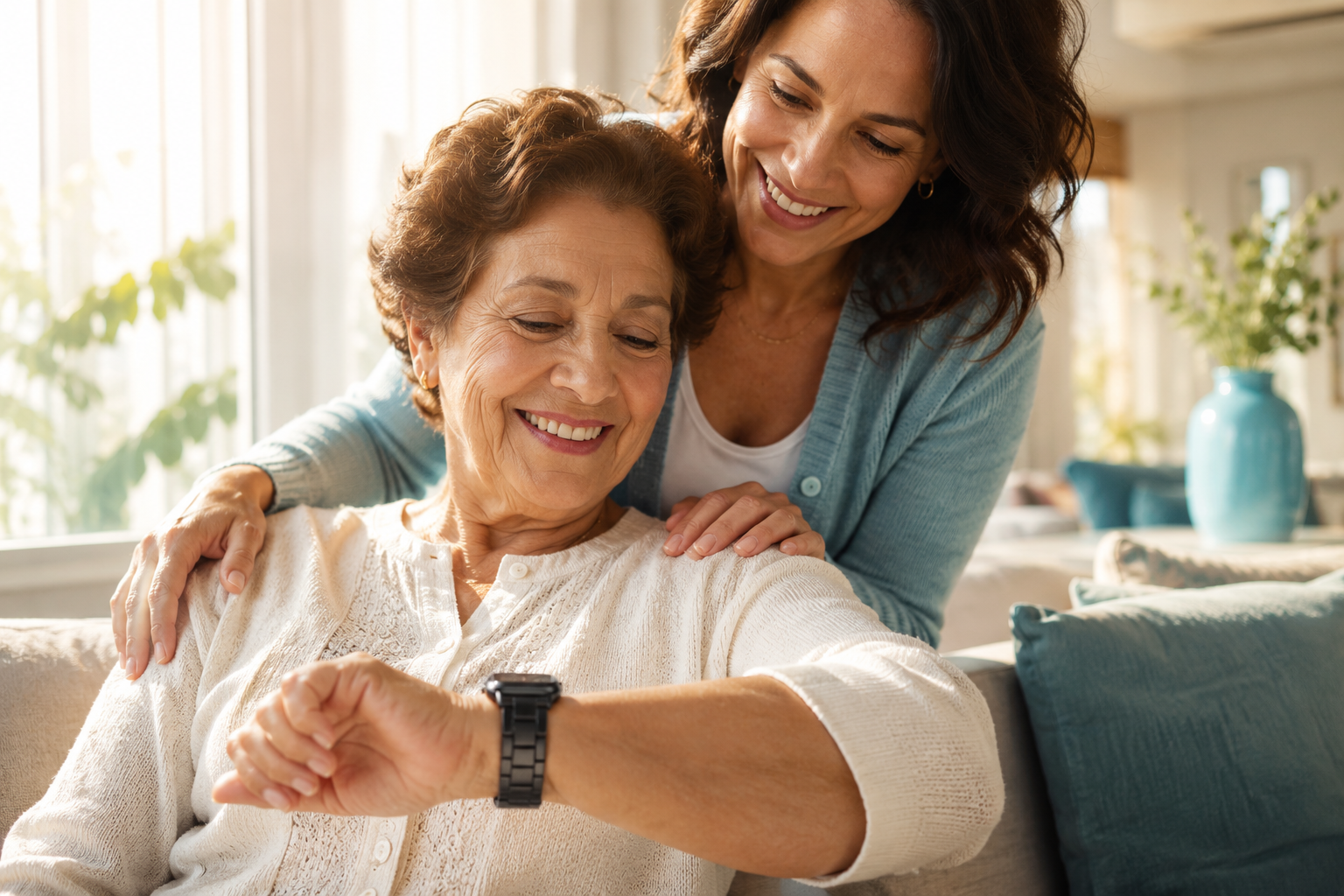 Persona mayor sonriendo con un familiar mientras revisa su reloj CareBridge