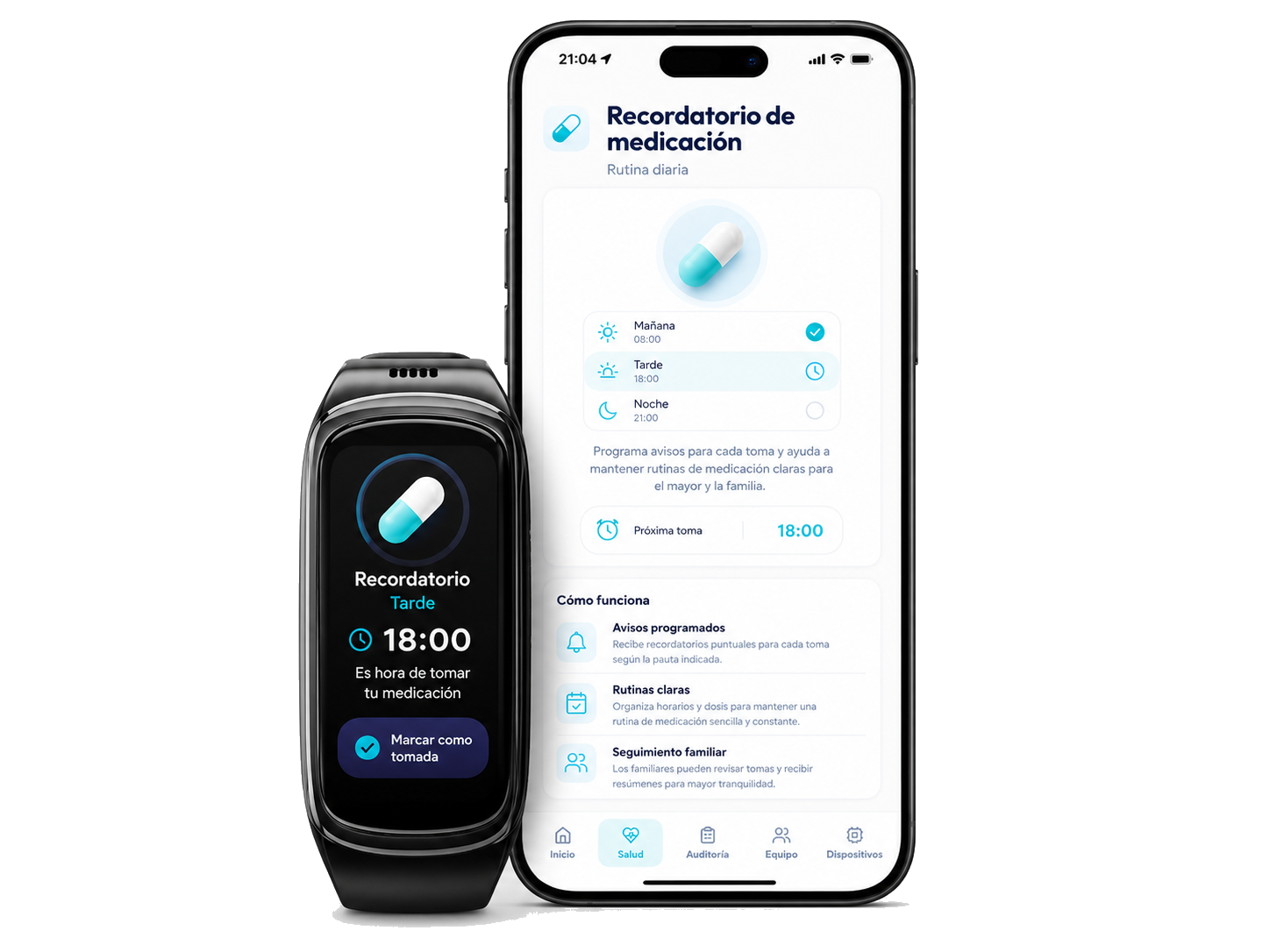 Recordatorio de medicación CareBridge en reloj y app